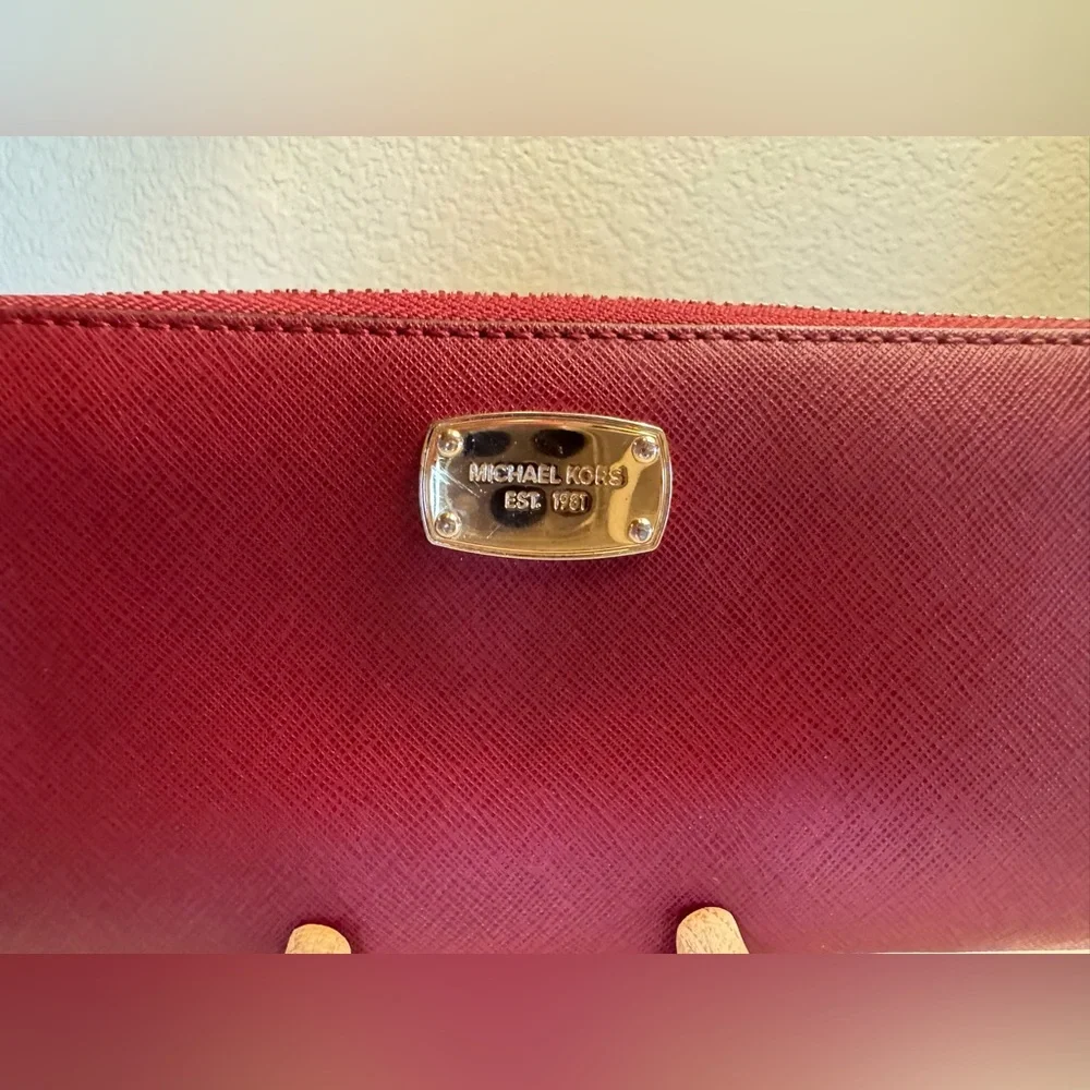 Michael Kors Saffiano Leather Zip-Around Wallet – Raspberry Red